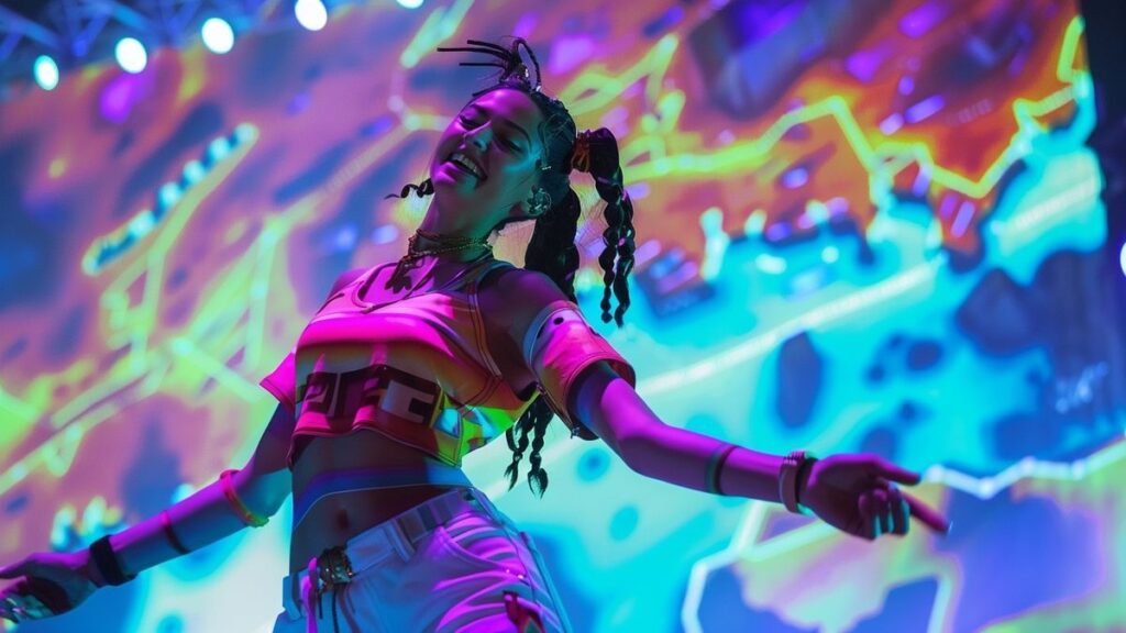 Chappell Roan energetically performing on the Fortnite Festival stage with vibrant lighting in a theatrical setting.