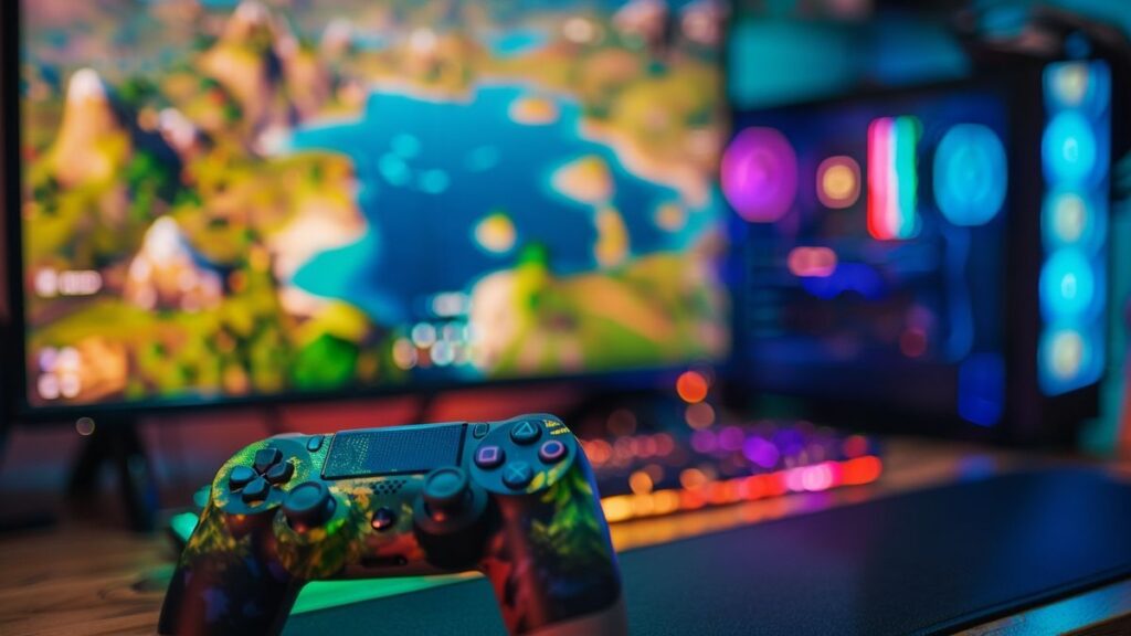Detailed view of a Fortnite gaming setup with vibrant controllers and dynamic screen action.