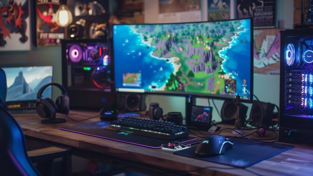 Well-organized gaming desk showcasing Fortnite merchandise and guides for tournament prep.