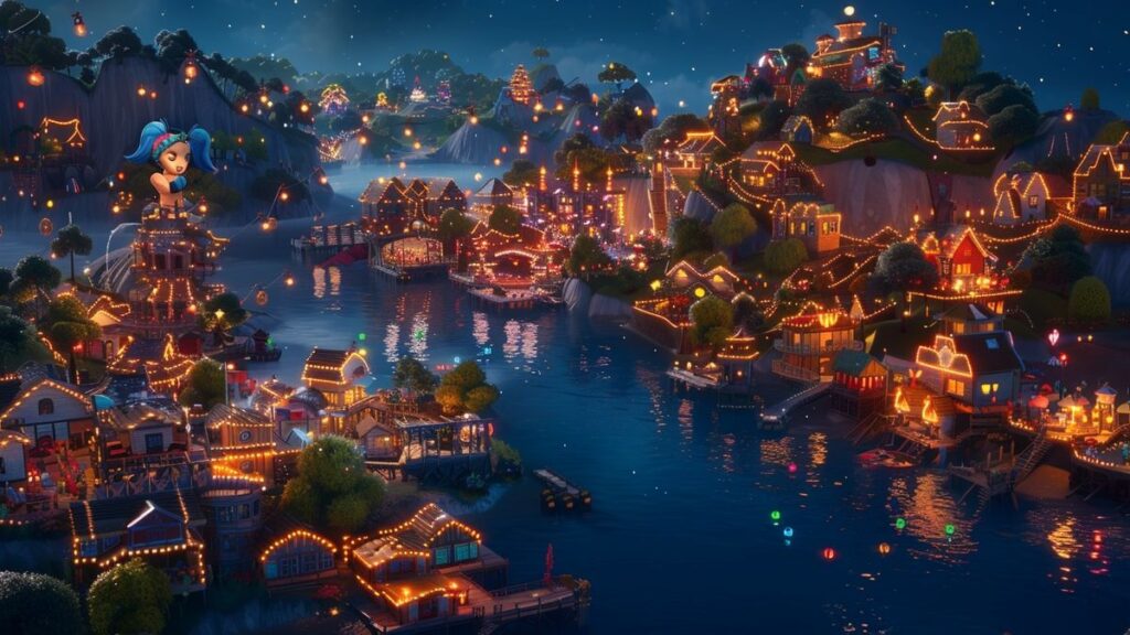 Aerial scene of a Fortnite island transformed for Lantern Fest, featuring festive activities and dazzling lights.