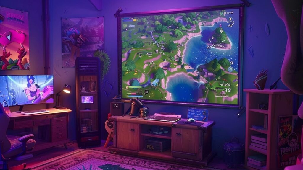 Dynamic Fortnite-themed room with game posters and merchandise highlighting update excitement.