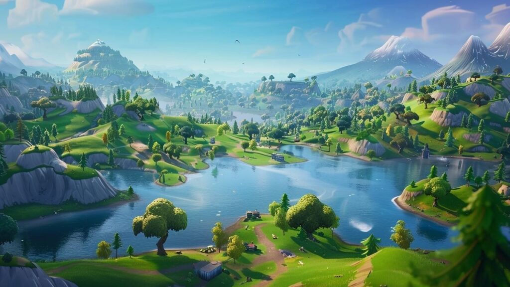 Players using traversal tools in a colorful landscape
