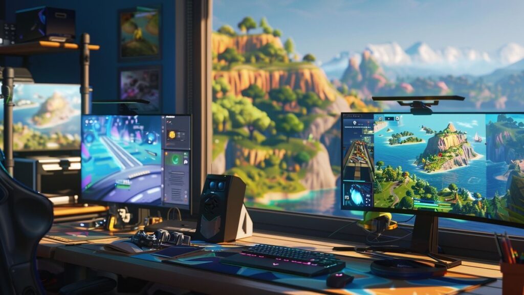 Innovative workspace with cutting-edge technology and displays for character design evolution