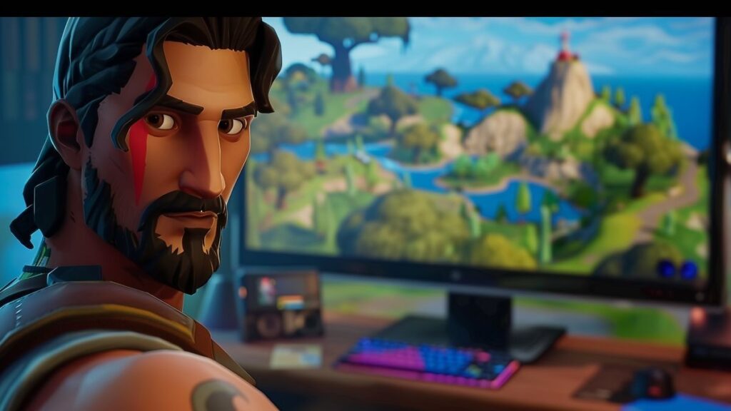 Capture of Fortnite update notes displaying scheduled times and patch details on a gamer's desk.
