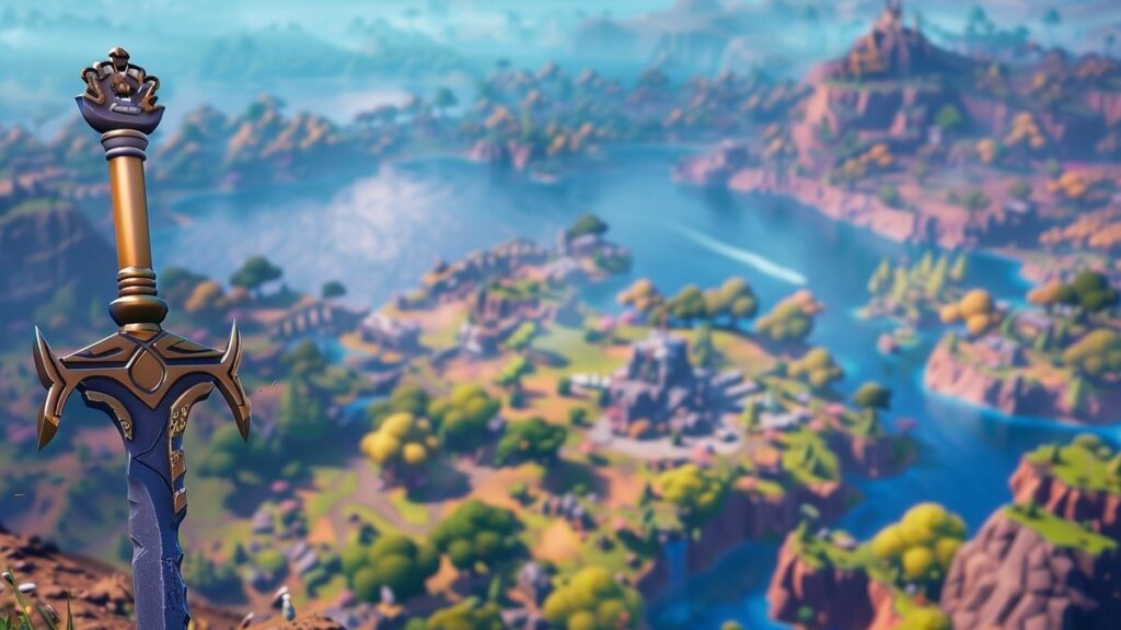 A vibrant fusion of universes featuring a Keyblade amidst the recognizable Fortnite terrain.