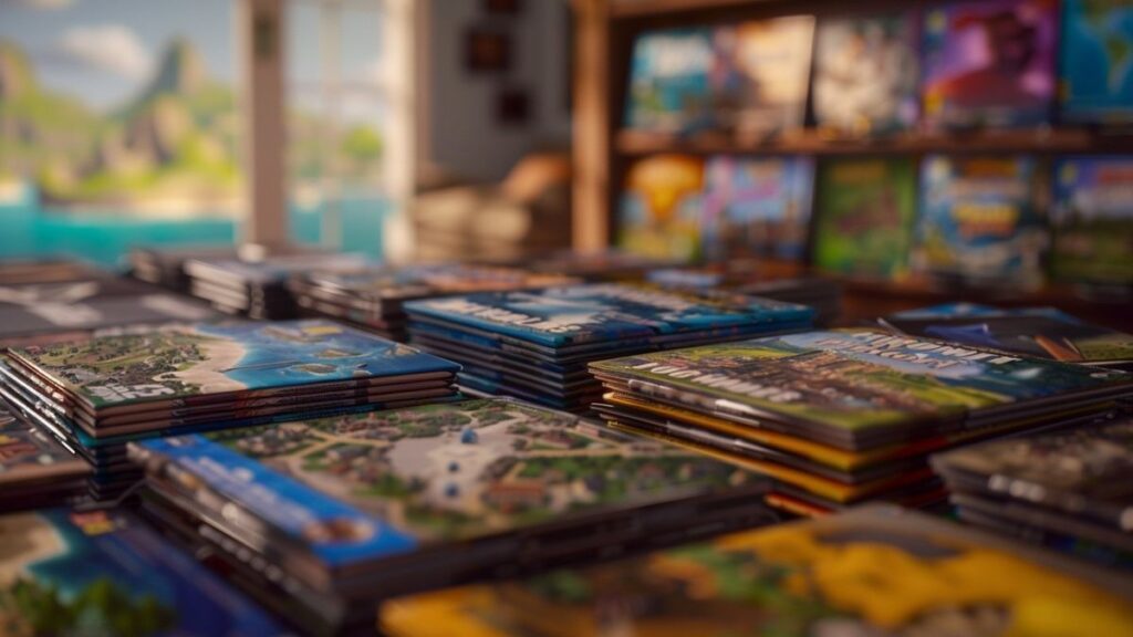 A stack of popular video game covers displayed on a coffee table to represent player preferences and dedication.