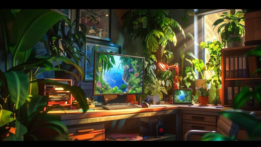 A tranquil workstation featuring greenery and a notebook of ideas in warm ambient light.