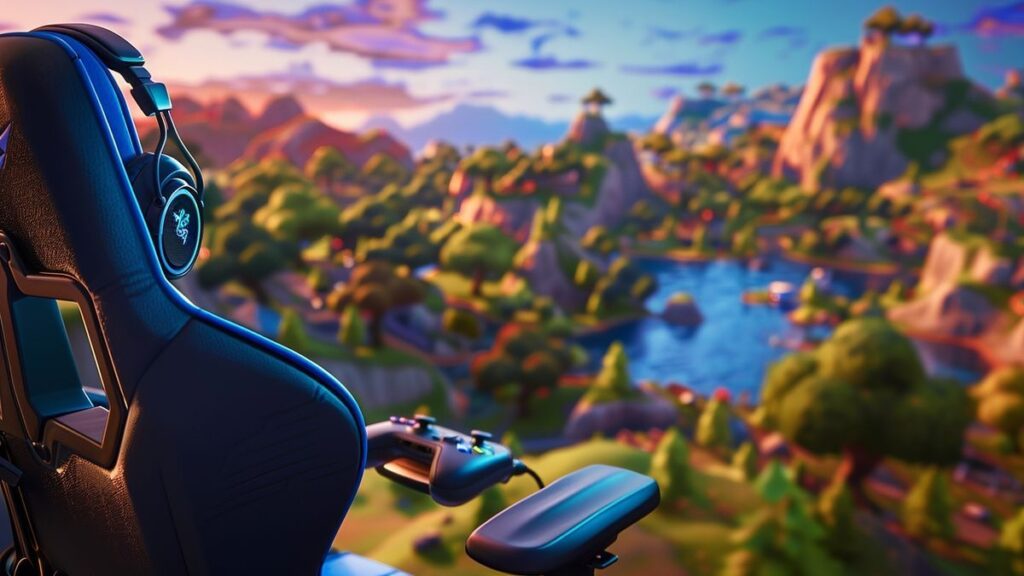 Image of a gaming chair with headset and controller, set for gaming