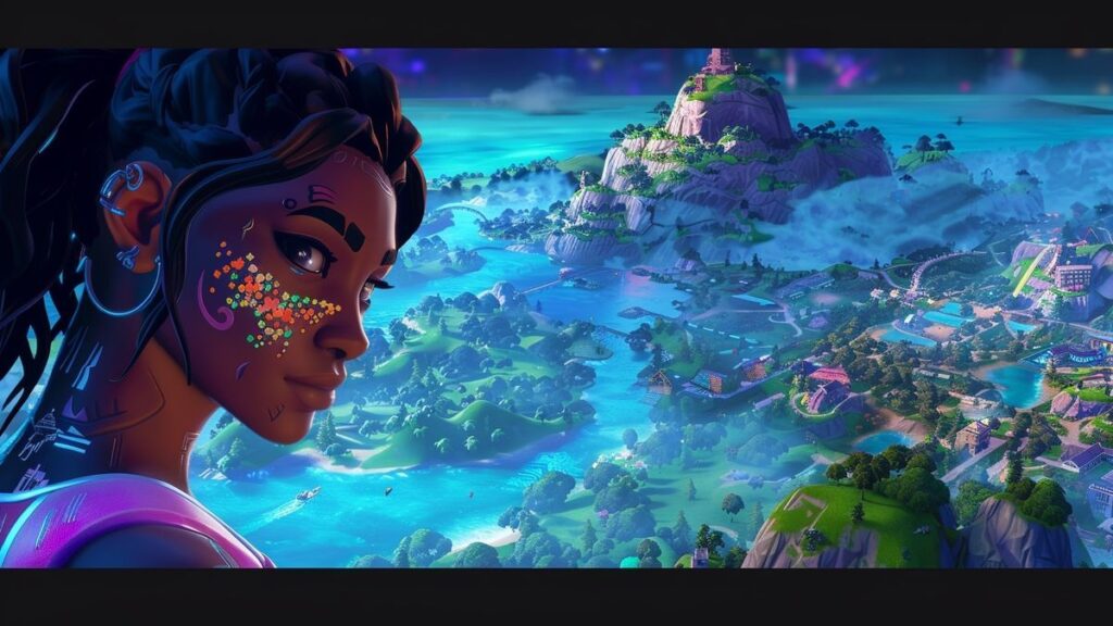 Image of Night City's iconic landmarks decorated with Fortnite's graffiti and character motifs