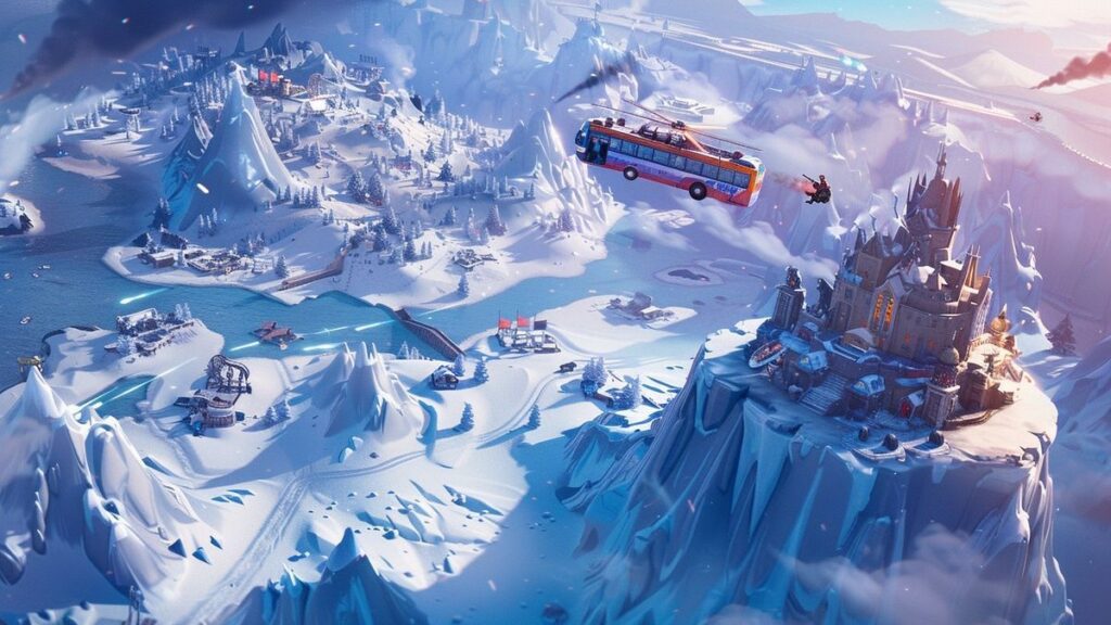 Image of the Battle Bus flying above a snowy terrain featuring Team Ice King's icy fortress.