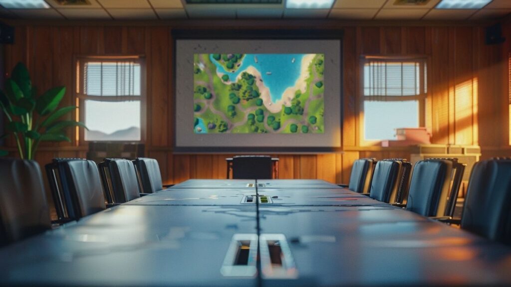 Empty chairs arranged in a somber meeting room ready for an allhands meeting