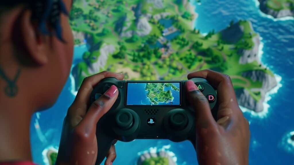 Player's hands on a controller during immersive Fortnite gameplay