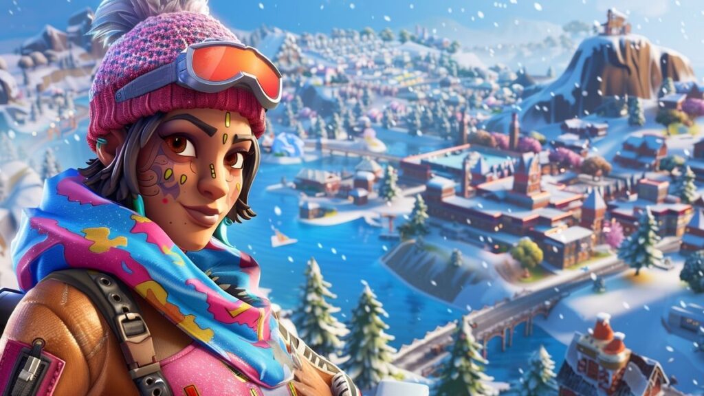 A creative depiction of Fortnite characters set against a wintery backdrop with fun Looney Tunes influences.