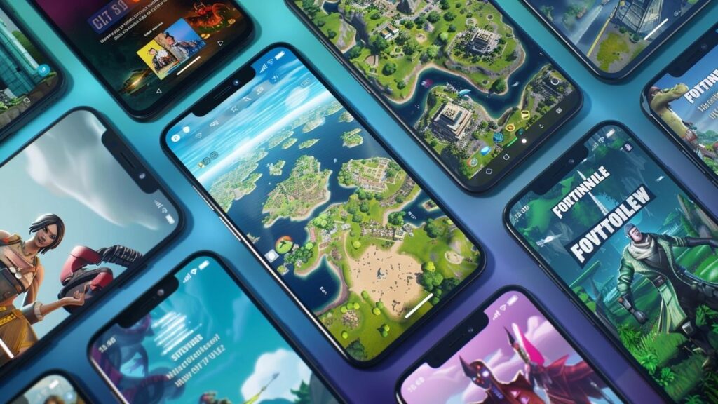 Various Android smartphones displaying Fortnite download page in a row.