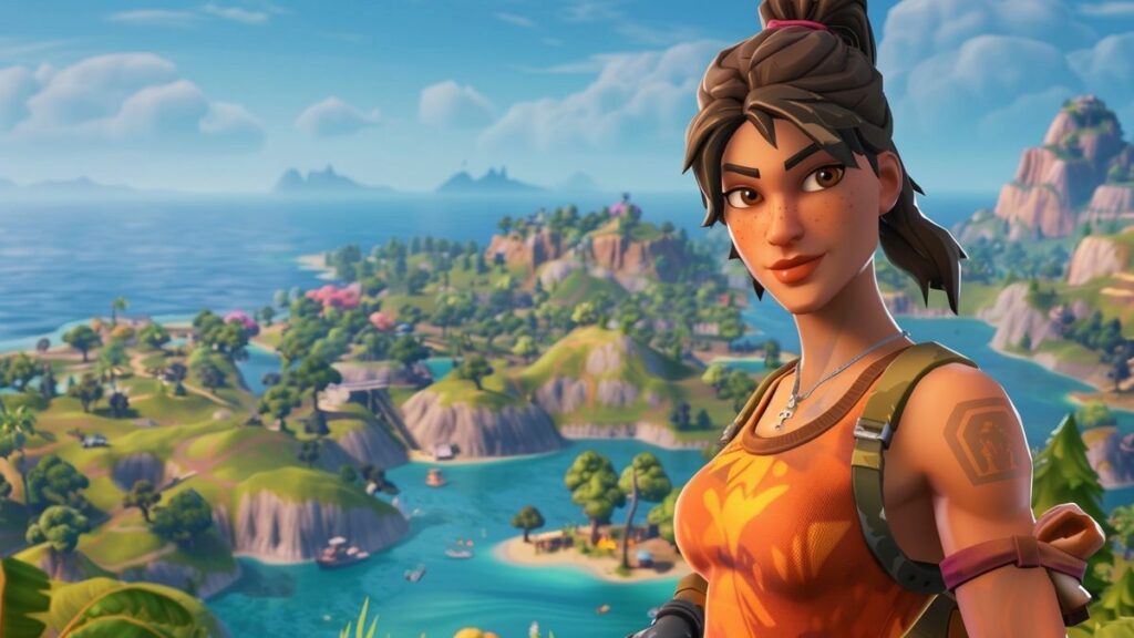 Vibrant Fortnite character on a virtual landscape with stunning graphics.