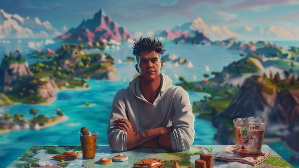 Gaming setup with snacks and drinks ready for Fortnite season launch