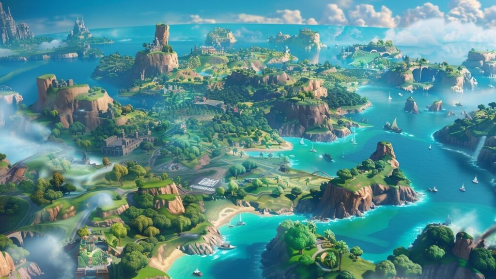 A dynamic scene of a Fortnite landscape showcasing well-known structures alongside a lively UNO game arrangement.