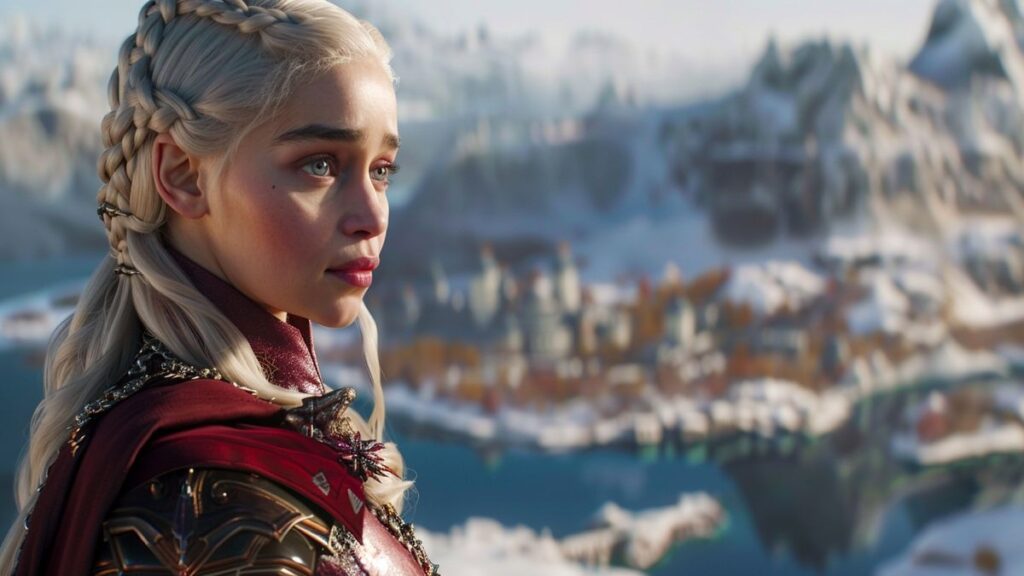 Closeup of Daenerys Targaryen's signature outfit, emphasizing the complex designs and bright colors in a snow-covered scene.