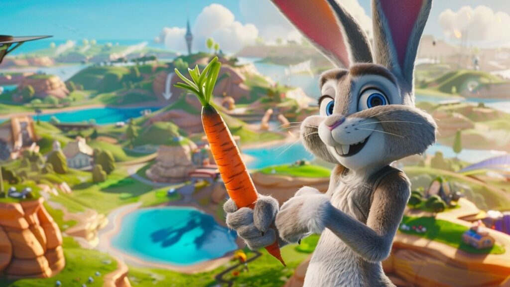 Bugs Bunny holding a carrot in colorful Fortnite scene with known characters