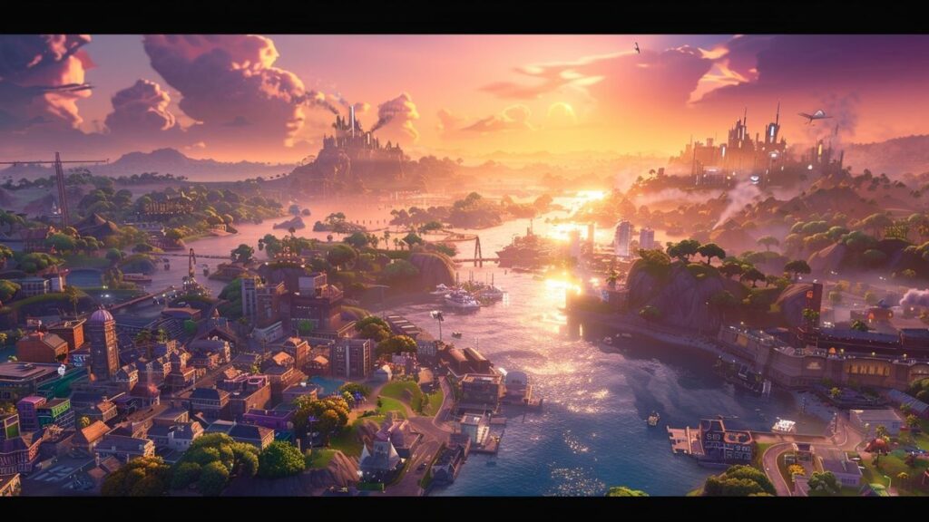 A vibrant city skyline with bustling streets at sunset, featuring the iconic Grand Heist City view.