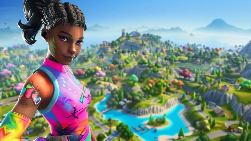 Ingame outfit with unique designs displayed against a vibrant digital landscape.