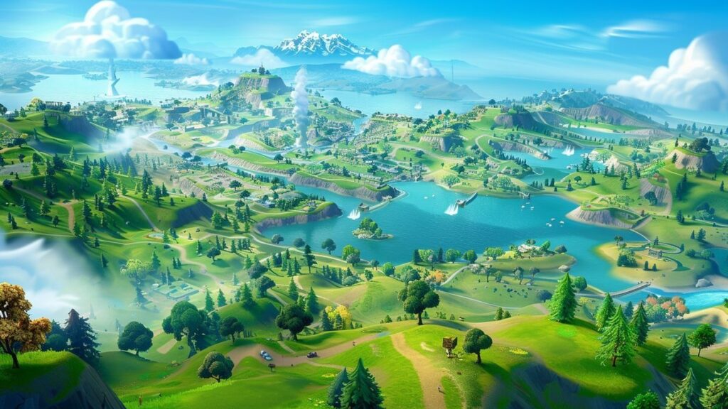 An engaging view of a Fortnite battlefield with no players, showcasing vibrant hues and worn event decorations.
