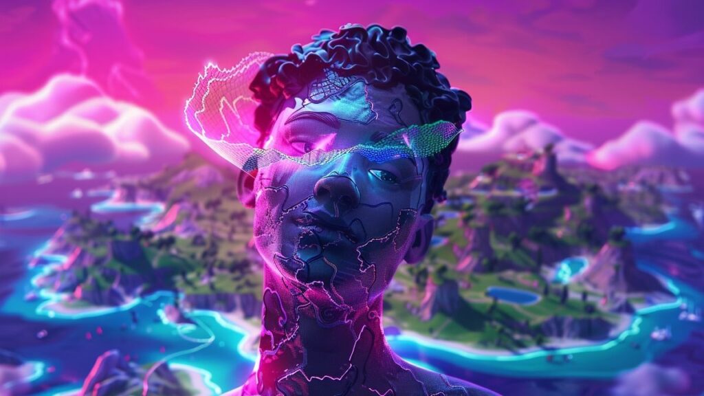 Vibrant depiction of sound waves intertwining with Fortnite's scenic backdrop, emerging from the Jam Track Player.