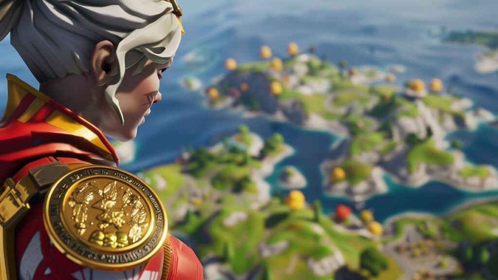 A detailed view of a shining gold medal perched on the shoulder of a Fortnite character, representing accomplishment.