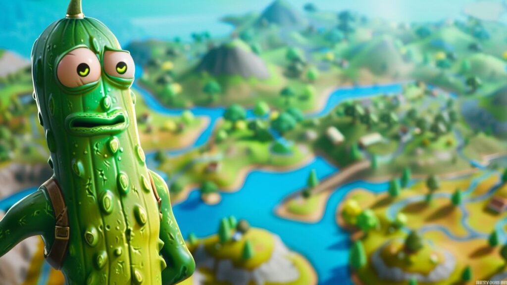 Closeup view of vibrant and detailed Pickle Rick skin on Fortnite character.