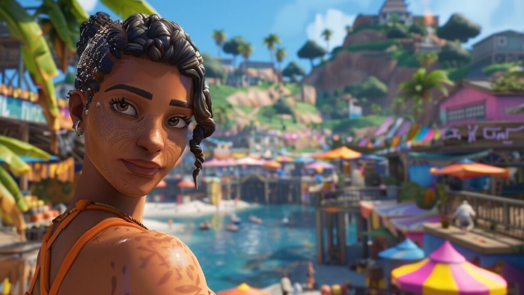Closeup of a character in a lively marketplace with NPCs and dynamic interactions.