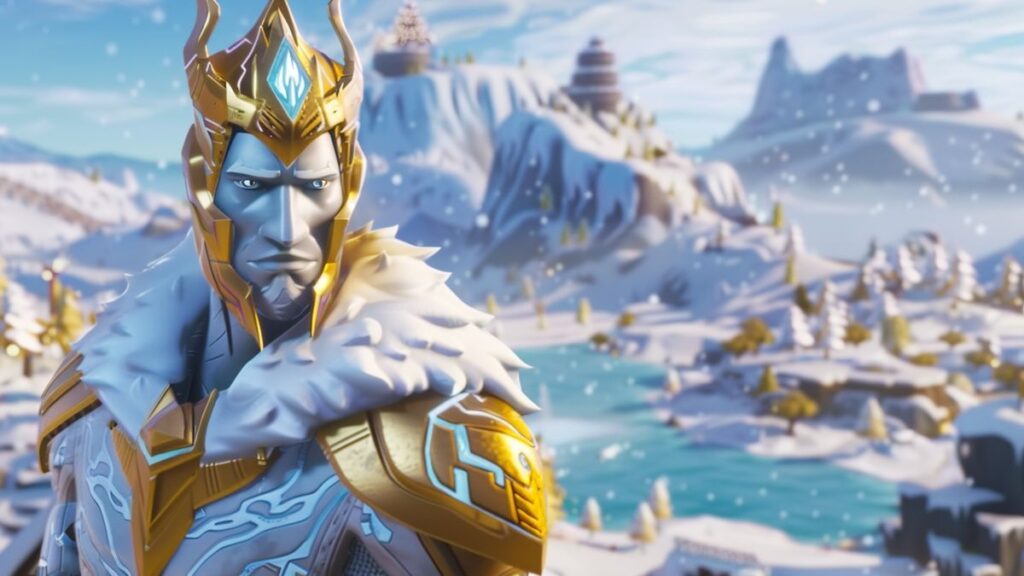 Image showcasing the Golden Exalted Ice King skin from Fortnite in an icy environment.