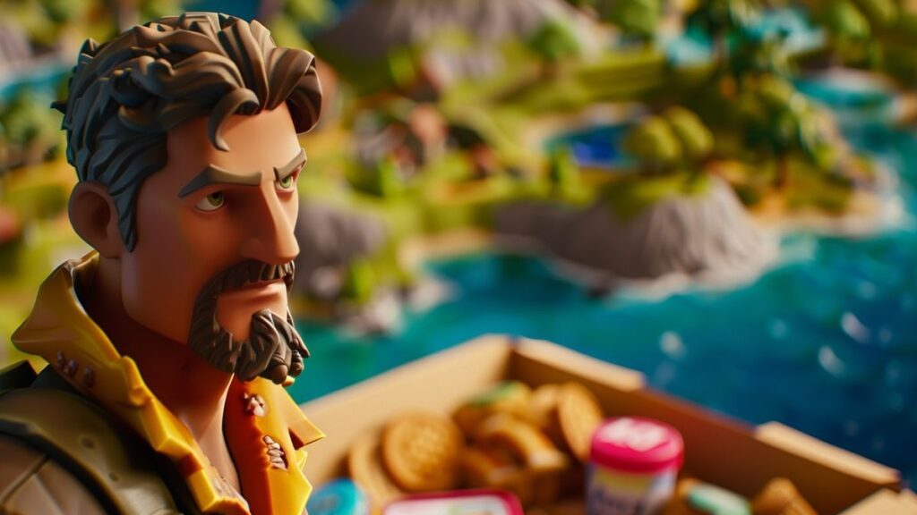 Closeup of a Fortnite figurine with gaming items and snacks.