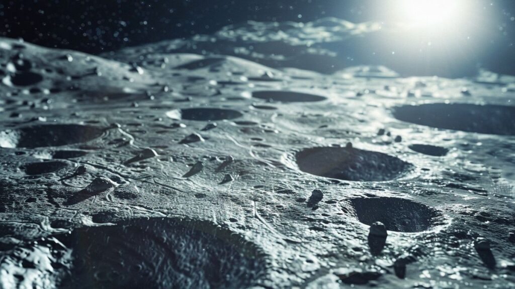 A closeup view of a lunar landscape with detailed craters, footprints in low gravity, and a bright sun.