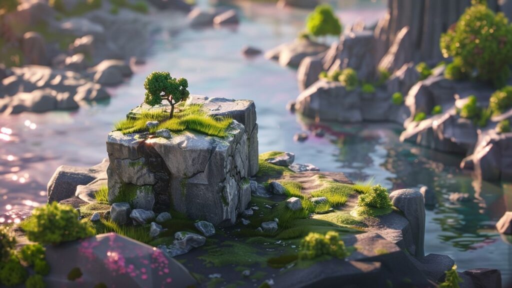 Visual of Chaos Cube integrated into rocky terrain, demonstrating game's environmental complexity