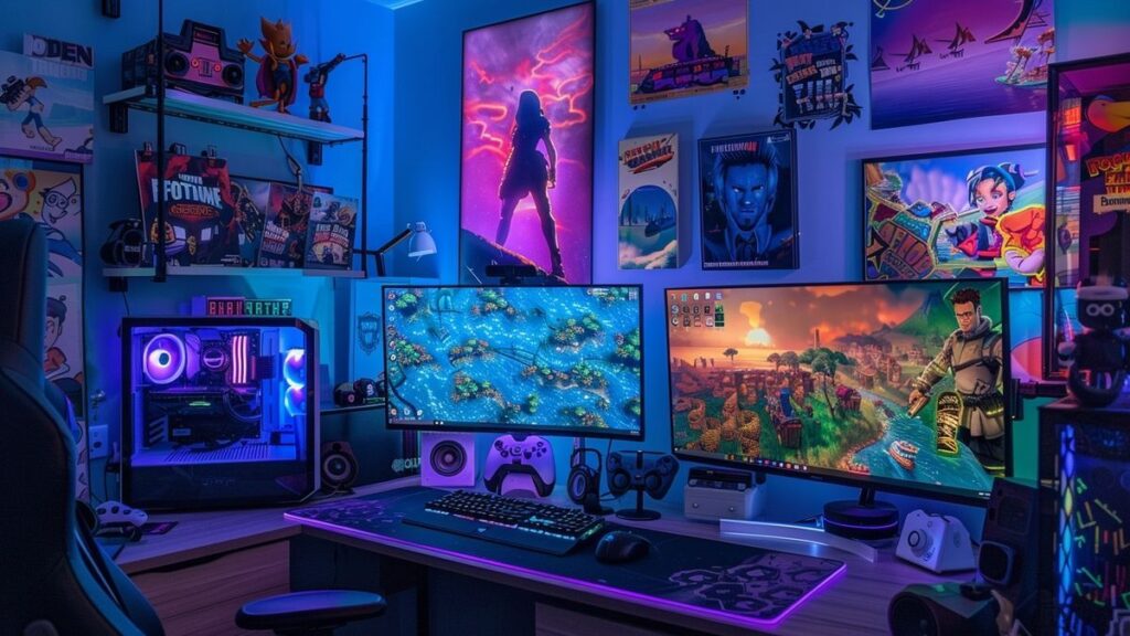 A vivid gaming environment featuring Fortnite on screen with Disney posters and unique collectibles.