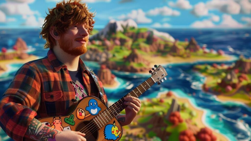 Ed Sheeran's guitar playfully decorated with colorful Pokémon stickers