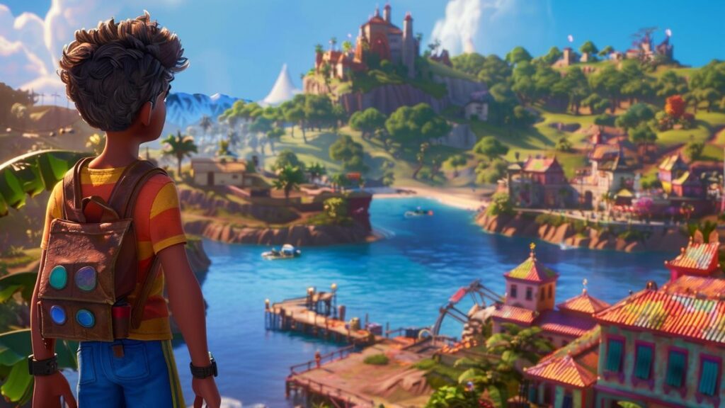Image of colorful Disney characters moving through a chaotic and vibrant landscape on their way to a safe zone.