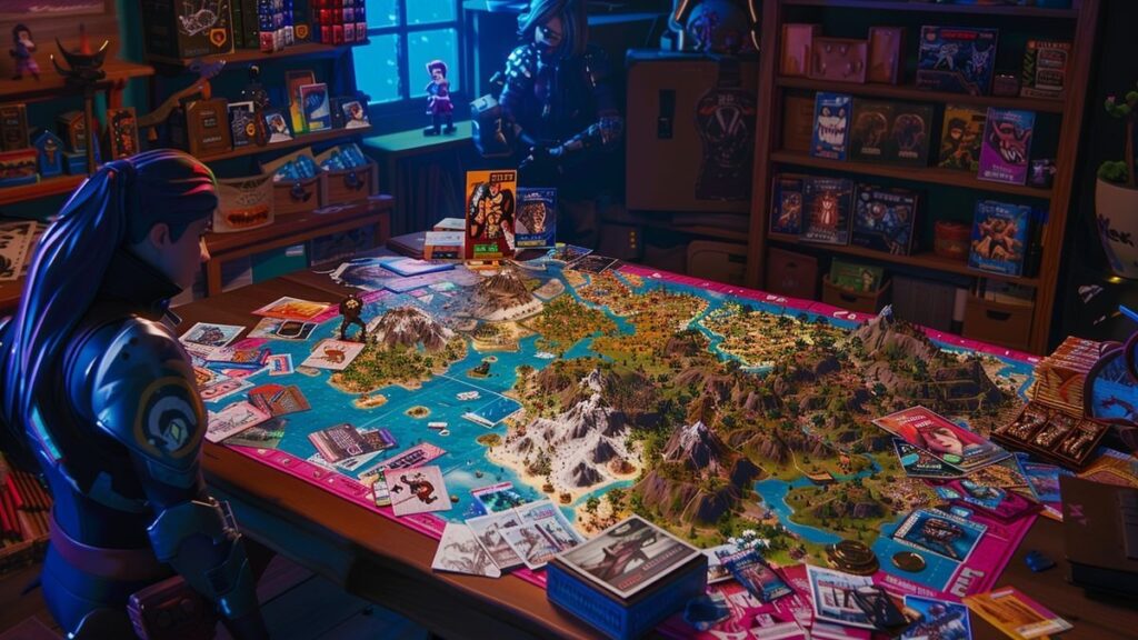 Overhead shot featuring a gaming desk filled with various Fortnite merchandise and VBucks cards.