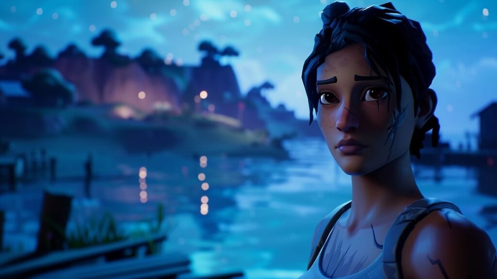 Closeup of Fortnite character standing in dimly lit futuristic environment, pondering future