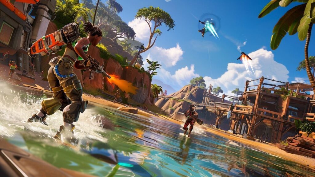 Players battling animated Disney characters in a high-tech arena setting.