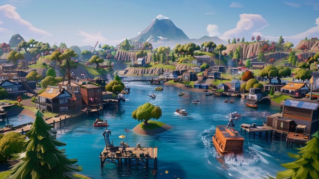 Fortnite battle with AI characters in surreal whimsical setting