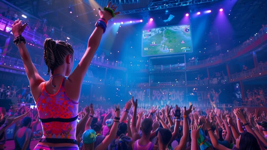 Spectacular view of a gymnastics arena packed with excited fans witnessing Sophie's breathtaking routine.
